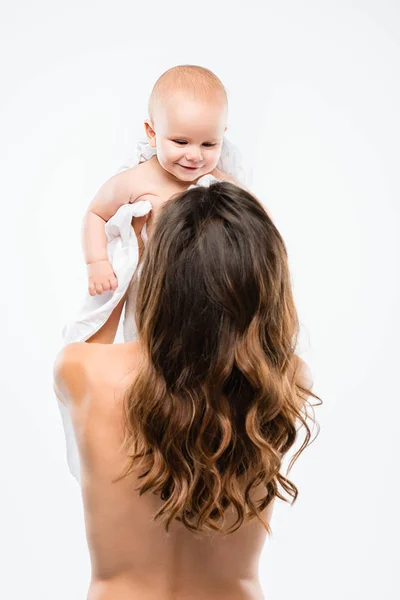 Achteraanzicht Van Naakte Moeder Houden Baby Geïsoleerd Wit — Stockfoto