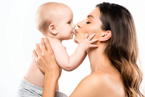 Portrait Naked Mother Kissing Adorable Baby Isolated White — Stock Photo, Image