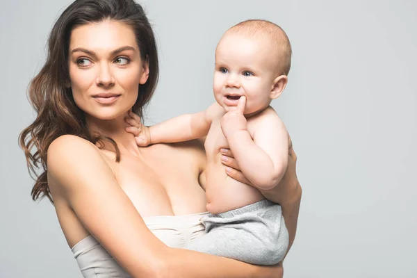 Portrait Attractive Smiling Mother Holding Baby Boy Isolated Grey — Stock Photo, Image