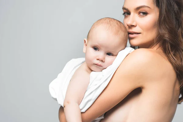 Portrait Naked Mummy Hugging Baby Boy Isolated Grey — Stock Photo, Image