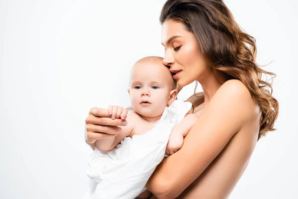 Retrato Juntos Nua Mãe Segurando Bebê Isolado Branco — Fotografia de Stock