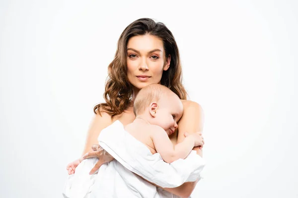 Portret Van Mooie Naakte Moeder Houden Baby Geïsoleerd Wit — Stockfoto