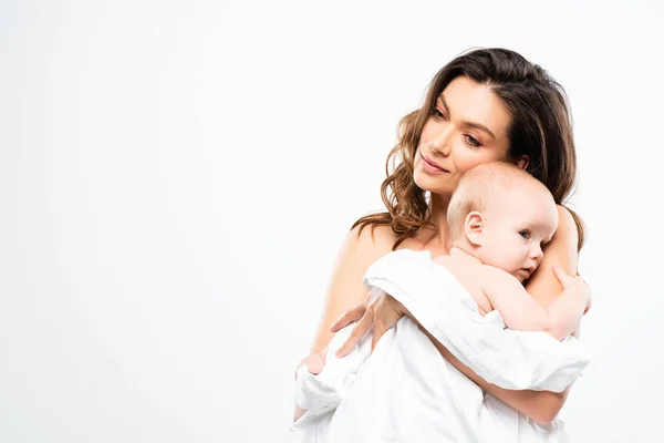 Porträt Einer Attraktiven Nackten Mutter Mit Baby Isoliert Auf Weiß — Stockfoto
