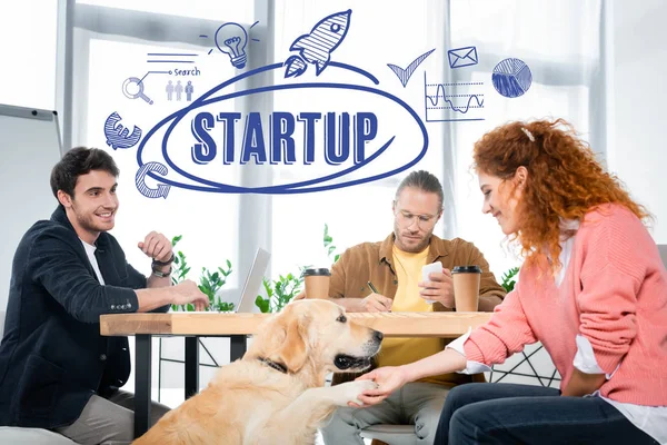 Three Friends Working Asking Paw Cute Golden Retriever Startup Illustration — Stock Photo, Image