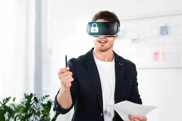 Businessman Shirt Virtual Reality Headset Cyber Security Illustration Holding Pen — Stock Photo, Image