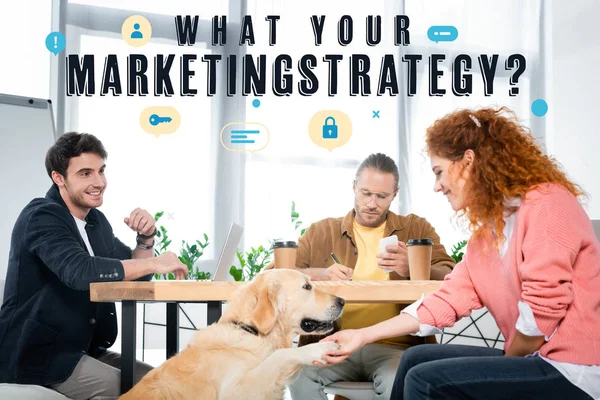three friends working and asking paw of cute golden retriever with what your marketing strategy illustration above heads