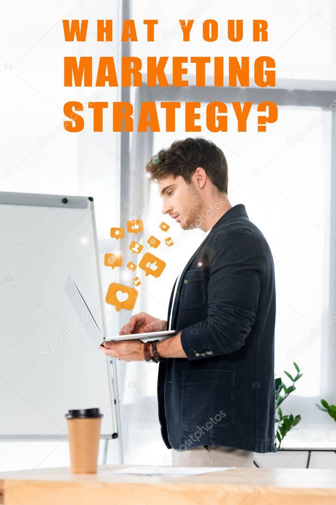 side view of handsome in shirt using laptop in office with social network icons and strategy illustration
