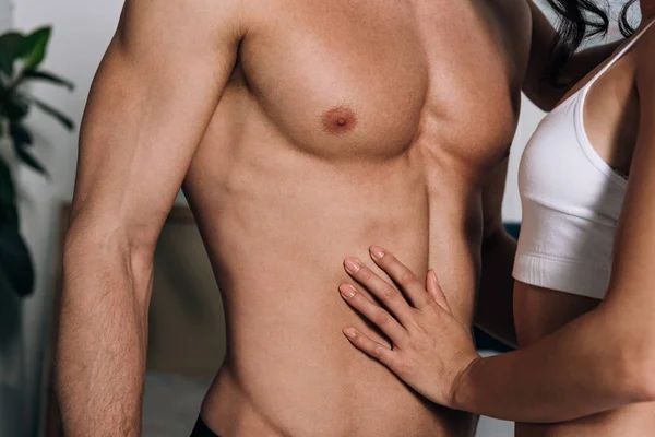 Cropped View Girl Touching Muscular Torso Boyfriend — Stock Photo, Image