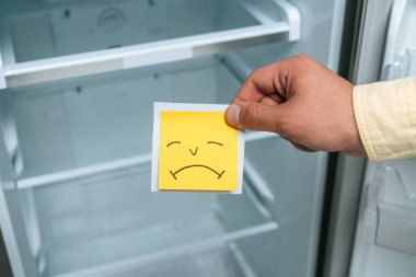cropped view of man holding sad smiley near empty open fridge clipart