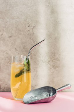 Buzlu taze limonata, nane, güneş ışığında buzun yanında kamış.
