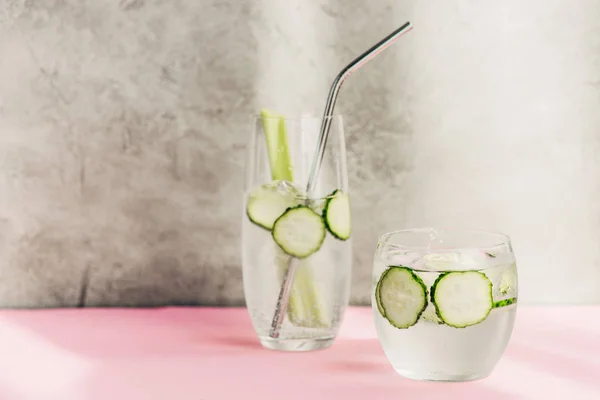 Fresh Lemonade Ice Celery Straw Cucumber Slices Sunlight — Stockfoto