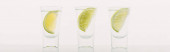 čerstvá tequila s vápnem v řadě izolované na bílém panoramatickém záběru