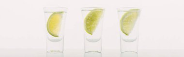 Beyaz panoramik kareye izole edilmiş limonlu taze tekila.