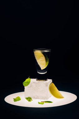 Limonlu taze tekila ve buzlu nane. Aydınlatılmış çemberde, siyah üzerinde izole edilmiş.