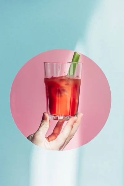 Cropped View Woman Holding Bloody Mary Celery Pink Circle Blue — Stock Photo, Image