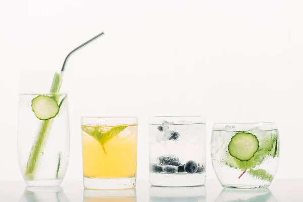 Refreshing Drinks Blueberries Celery Straw Mint Cucumber Ice Isolated White — Stockfoto