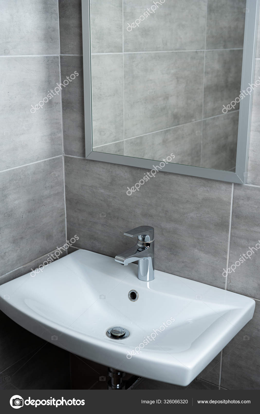 Ceramic Washbasin Mirror Modern Washroom Grey Tile Stock Photo by ...