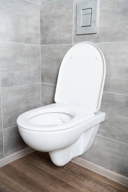 Tuvalette gri fayanslı boş koltuklu beyaz klozet.