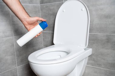 Tuvalet kapağının üzerinde gri fayanslı oda spreyi tutan adam görüntüsü.