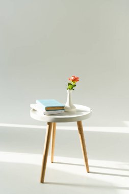 Trendy coffee table with flower in vase and books on grey background clipart