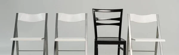 Black White Chairs Isolated Grey Panoramic Shot — Stock Photo, Image