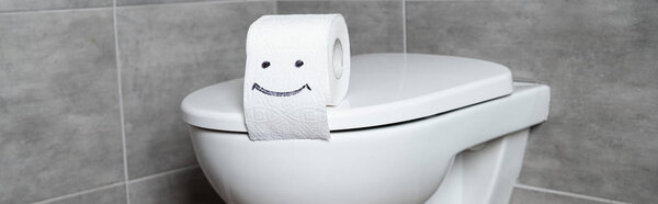 Panoramic shot of toilet paper with smile sign on white toilet bowl in bathroom