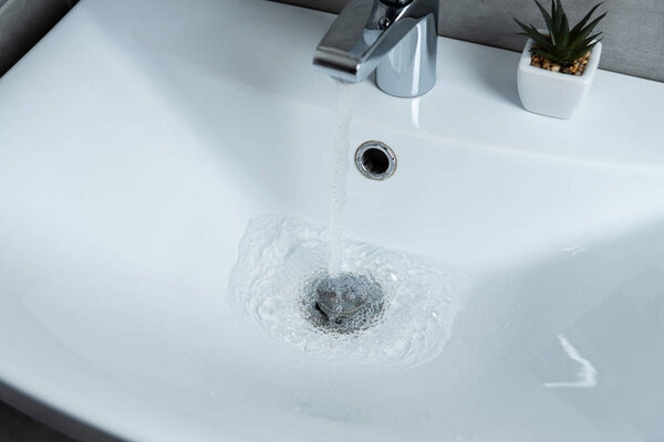 High angle view of water flowing from sink to clean washbasin with plant in washroom