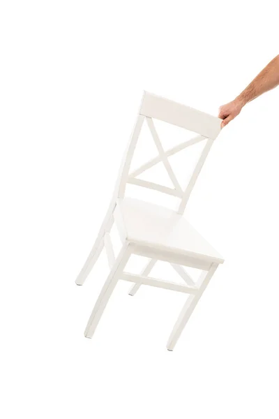 Vista Cortada Homem Segurando Cadeira Madeira Branca Isolada Branco — Fotografia de Stock