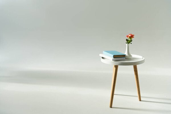 Цветок в вазе и книги на современном кофейном столике на сером фоне
