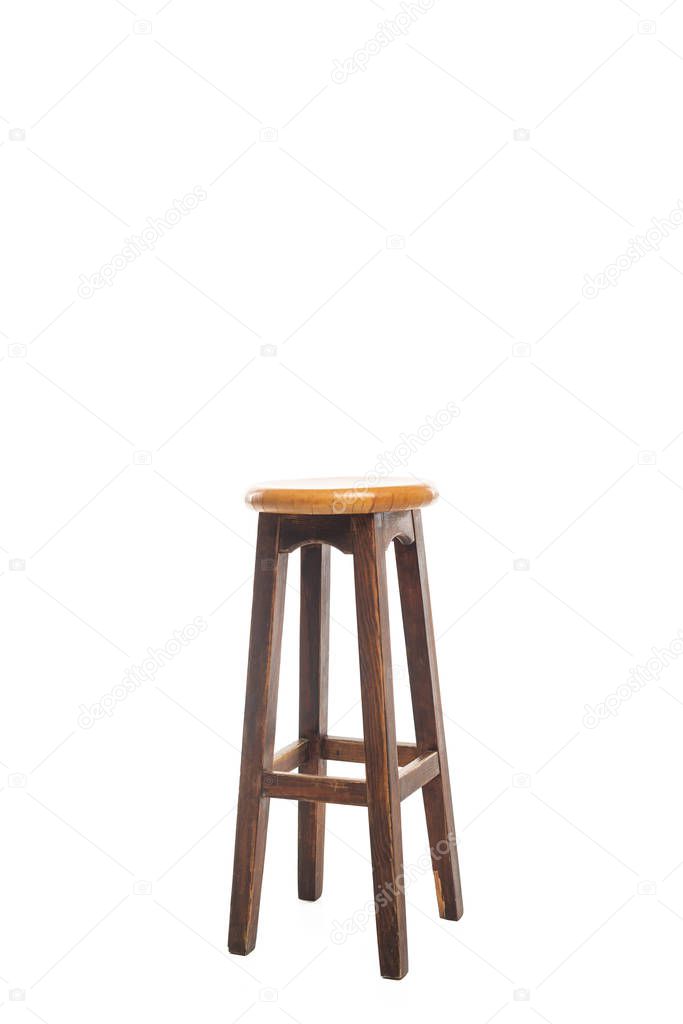 Brown wooden stool with copy space isolated on white