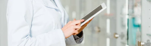 Cropped View Pharmacist Using Digital Tablet Pharmacy Panoramic Shot — Stock Photo, Image