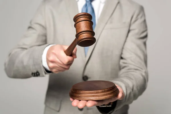 Partial View Judge Holding Gavel Isolated Grey — Stock Photo, Image