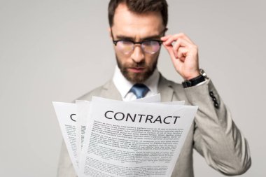 Gözlüklü ciddi bir işadamı, gri üzerine izole edilmiş sözleşmelere bakıyor.