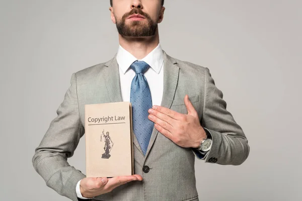 Partial View Lawyer Holding Hand Heart Book Copyright Law Title — Stock Photo, Image