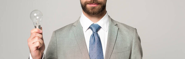 обрезанный вид бизнесмена, держащего лампочку изолированной на сером, панорамный снимок
