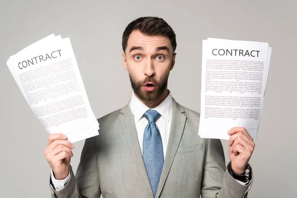Shocked Businessman Holding Contracts Looking Camera Isolated Grey — 스톡 사진