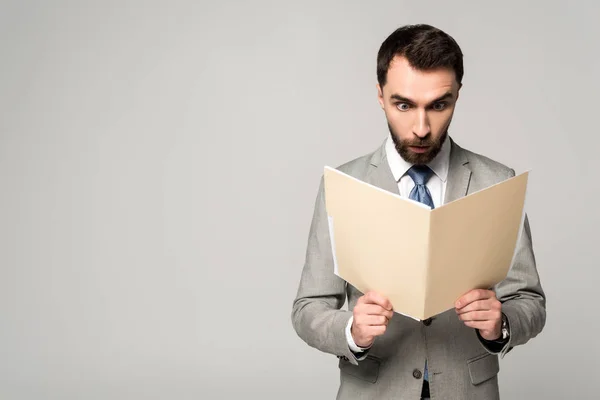 Shocked Businessman Looking Documents Paper Folder Isolated Grey — Stock Photo, Image