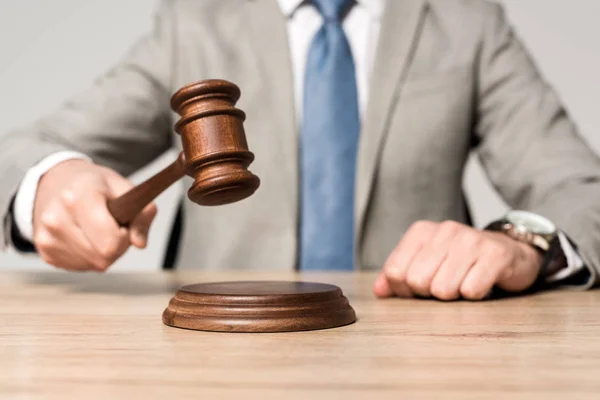 Cropped View Judge Holding Gavel While Sitting Desk Isolated Grey — Stock Photo, Image