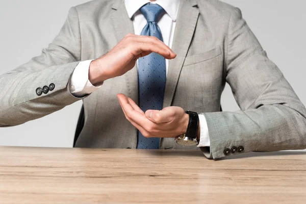 Cropped View Businessman Showing Protection Gesture While Sitting Desk Isolated — 스톡 사진