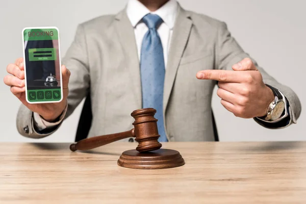 Cropped View Lawyer Pointing Finger Smartphone Booking App Judge Gavel — 스톡 사진
