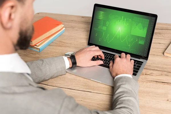 Partial View Businessman Using Laptop Marketing Information Screen Isolated Grey — Stock Photo, Image