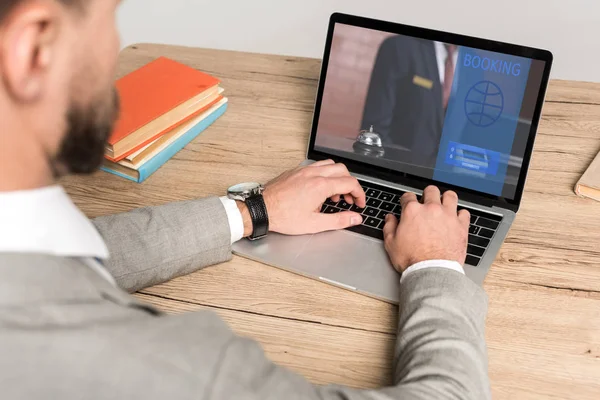 Partial View Businessman Using Laptop Booking Website Screen Isolated Grey — Stock Photo, Image