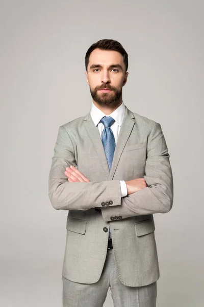 Serious Businessman Standing Crossed Arms Looking Camera Isolated Grey — Stock Photo, Image