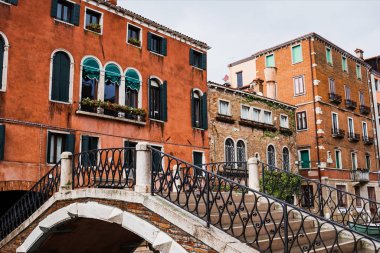 bridge and ancient buildings with plants in Venice, Italy  clipart