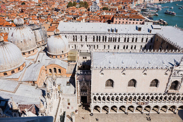 VENICE, ITALY - SEPTEMBER 24, 2019: high angle view of Cathedral Basilica of Saint Mark and palace of doge in Venice, Italy 