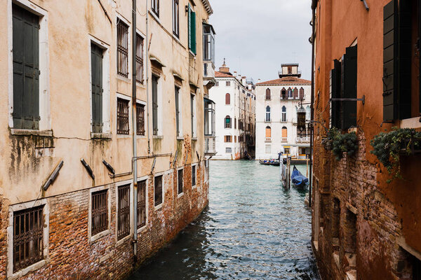 canal and ancient buildings with plants in Venice, Italy 