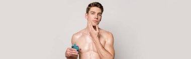 sexy man with muscular torso applying aftershave on face isolated on grey, panoramic shot clipart