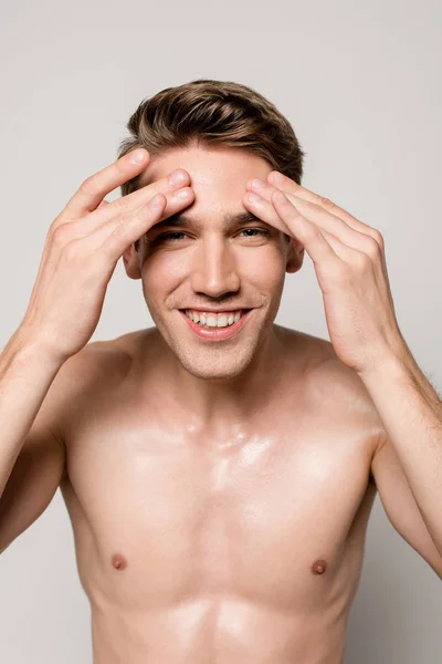 Smiling Sexy Man Muscular Torso Perfect Skin Touching Face Isolated — Stock Photo, Image