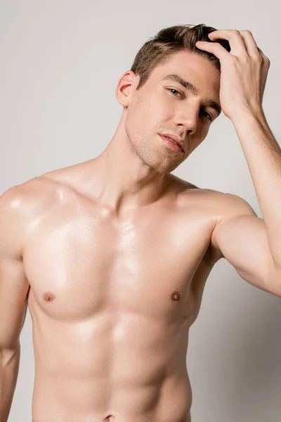 性感男子与肌肉躯干触摸头发与灰色隔离 — 图库照片