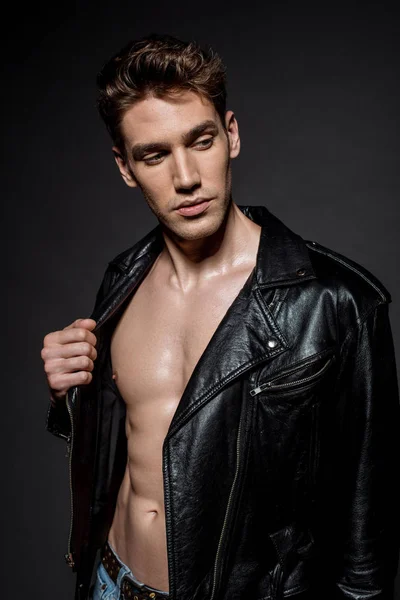 Sexy Young Man Muscular Torso Biker Jacket Black Background — Stock Photo, Image